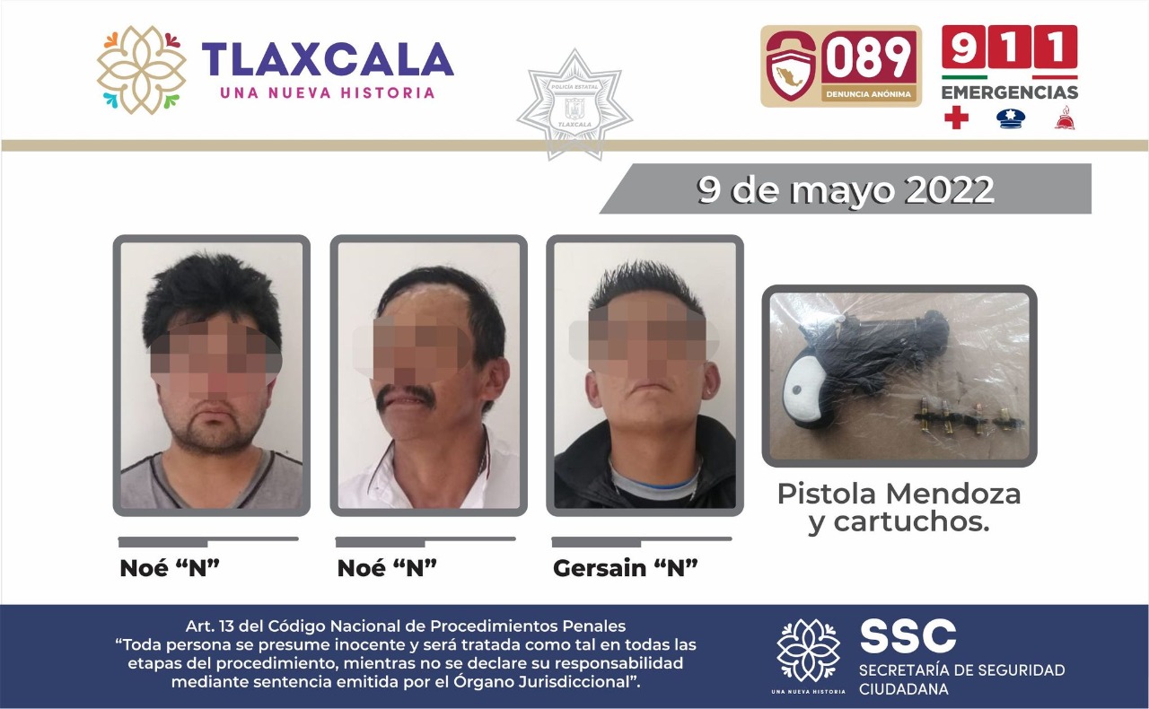 Detiene la SSC a tres personas y asegura un arma de fuego en Quilehtla